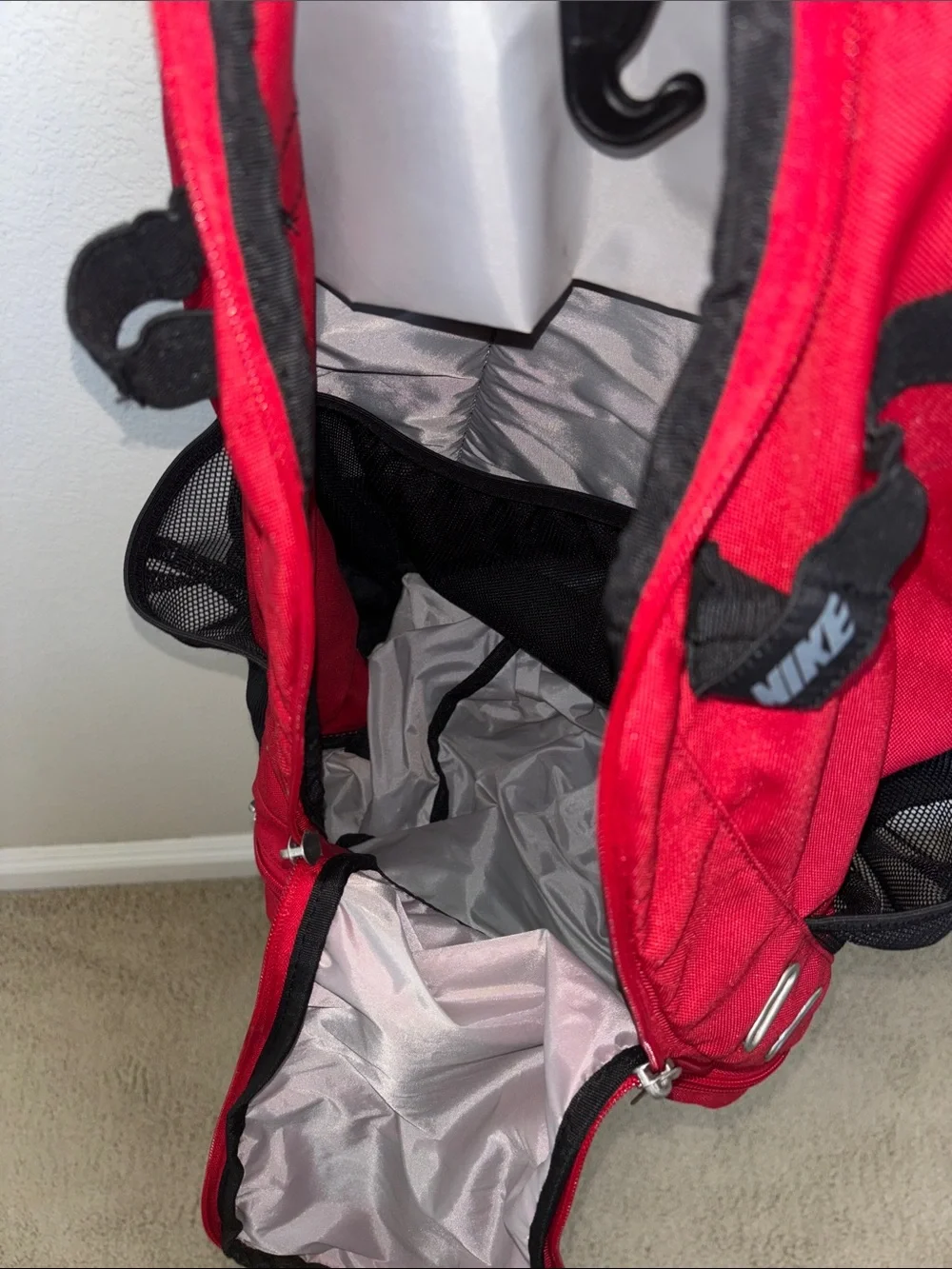 Nike Red and Black Men's Athletic Backpack with White Swoosh
